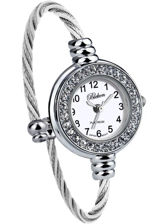 Women Silver And White Analog Cable Cuff Arabic Number Rhinestone Bracelet Watch main image 7